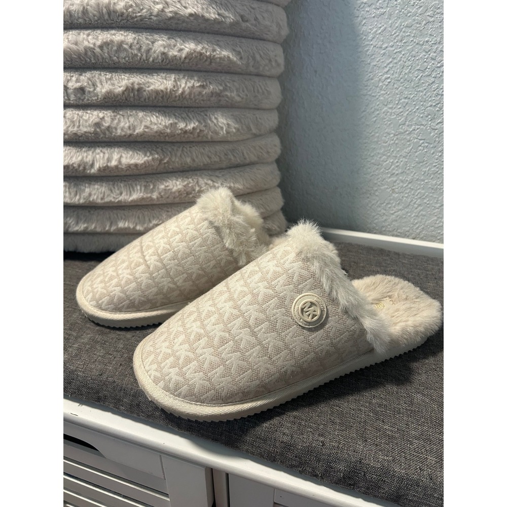 Michael Kors Womens Monogram Logo Faux Fur Lined Slide Slippers Cream Tan